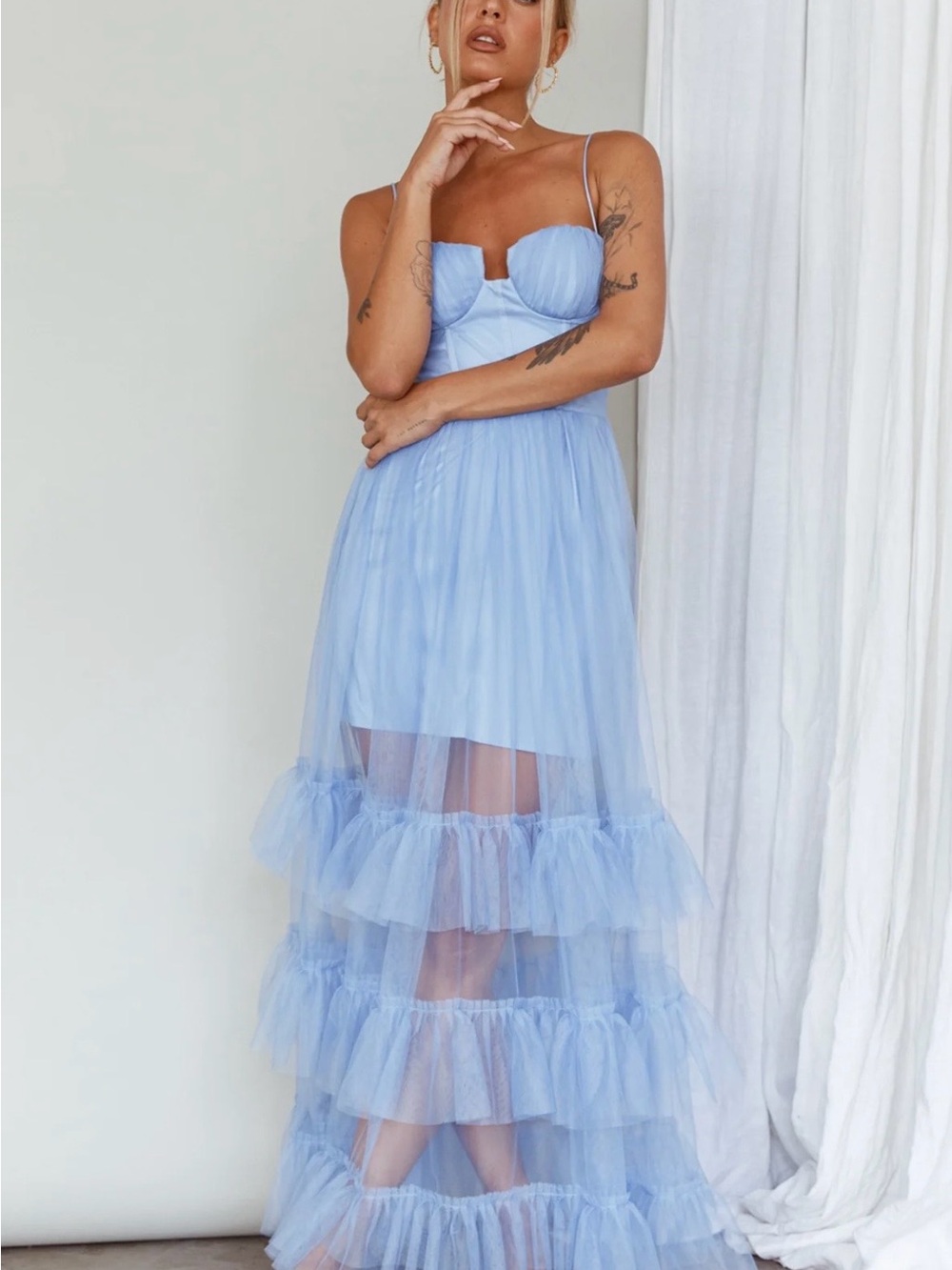 Angel Biba Light Blue Ruffled Tulle Maxi Dress